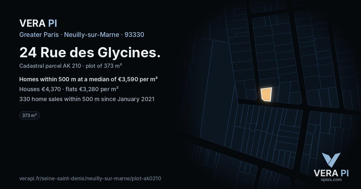24 Rue des Glycines, Neuilly-sur-Marne at night – the plot lit, the parcels around coloured by the prices near them