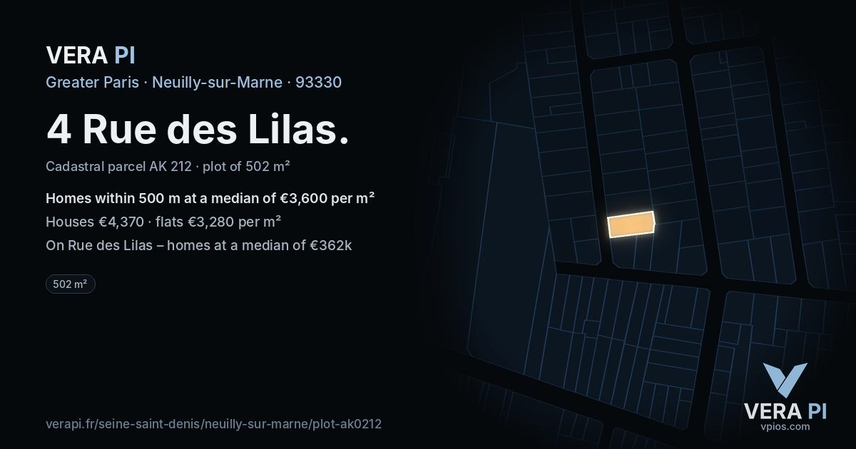 4 Rue des Lilas, Neuilly-sur-Marne at night – the plot lit, the parcels around coloured by the prices near them