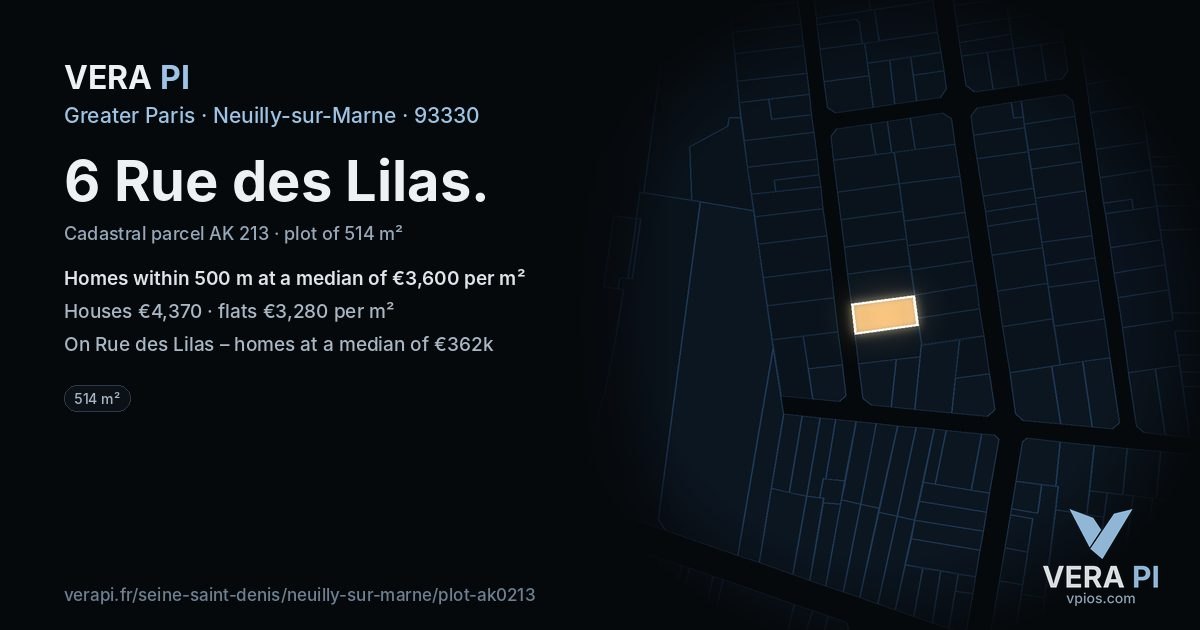 6 Rue des Lilas, Neuilly-sur-Marne at night – the plot lit, the parcels around coloured by the prices near them