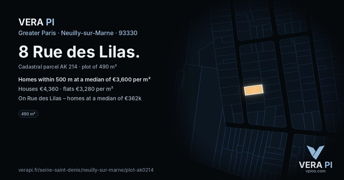 8 Rue des Lilas, Neuilly-sur-Marne at night – the plot lit, the parcels around coloured by the prices near them