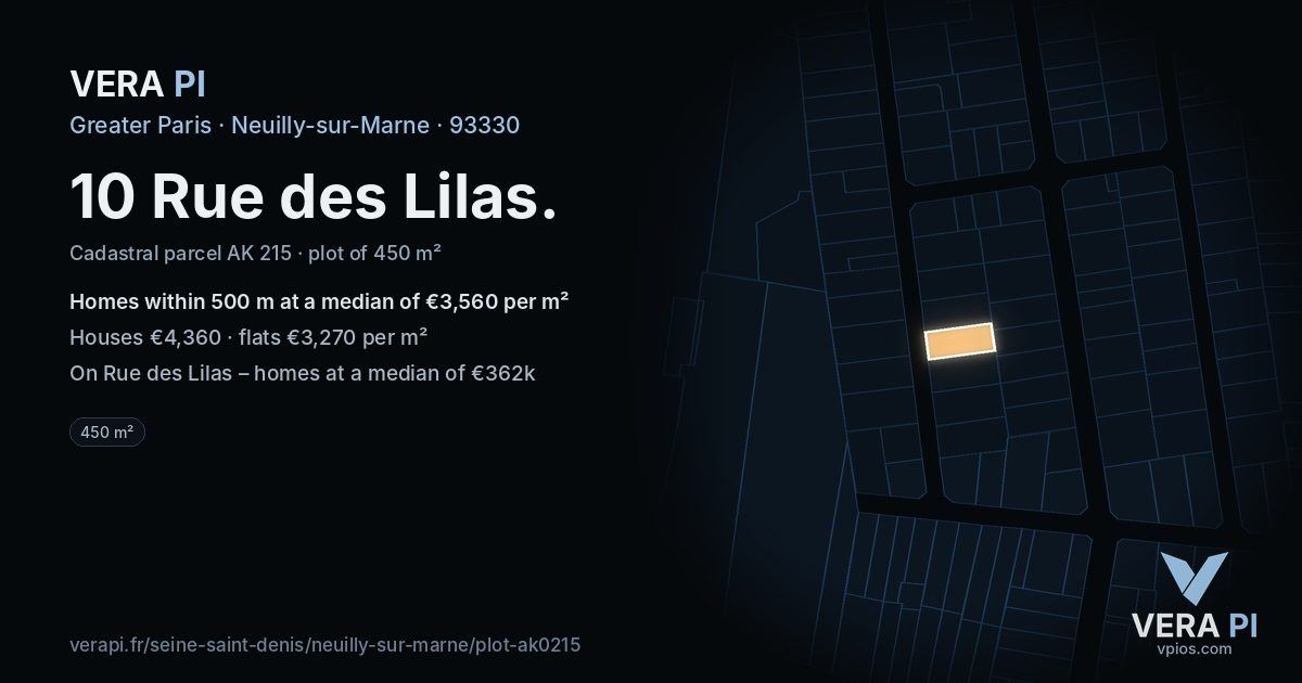 10 Rue des Lilas, Neuilly-sur-Marne at night – the plot lit, the parcels around coloured by the prices near them