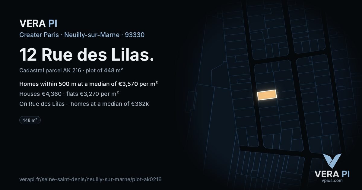 12 Rue des Lilas, Neuilly-sur-Marne at night – the plot lit, the parcels around coloured by the prices near them