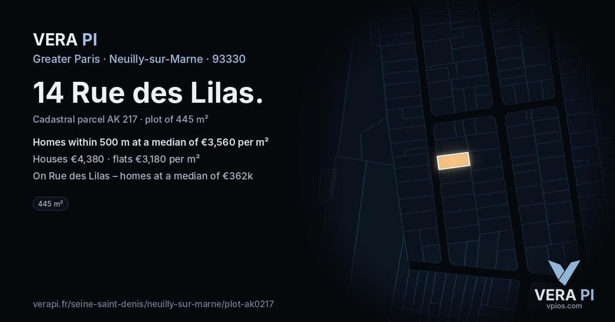 14 Rue des Lilas, Neuilly-sur-Marne at night – the plot lit, the parcels around coloured by the prices near them