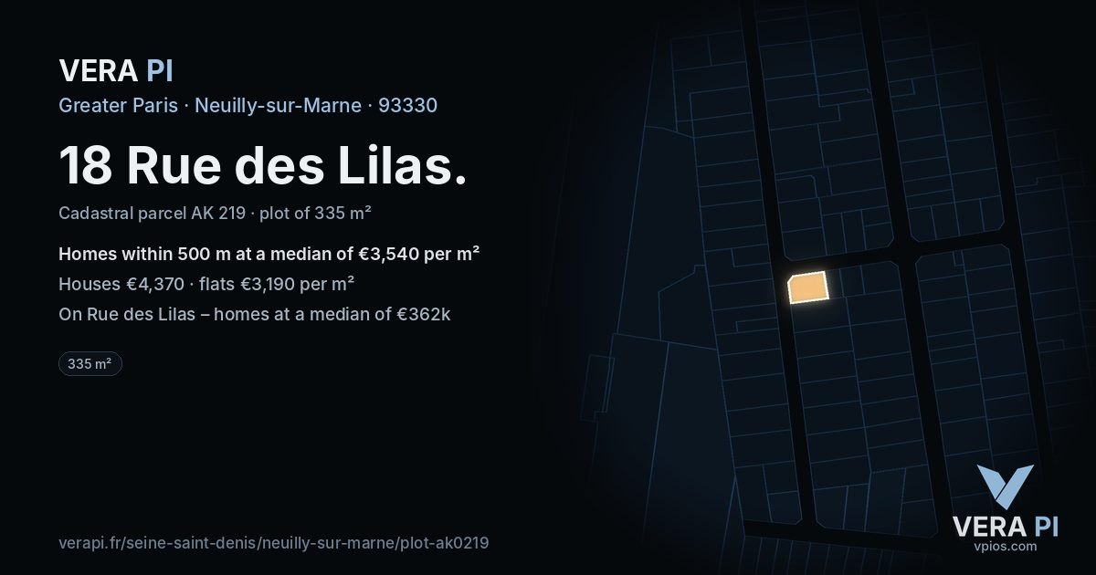 18 Rue des Lilas, Neuilly-sur-Marne at night – the plot lit, the parcels around coloured by the prices near them