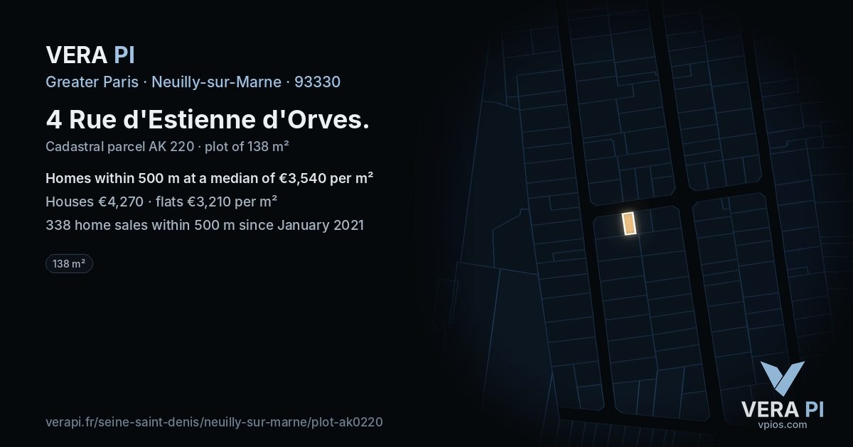 4 Rue d'Estienne d'Orves, Neuilly-sur-Marne at night – the plot lit, the parcels around coloured by the prices near them