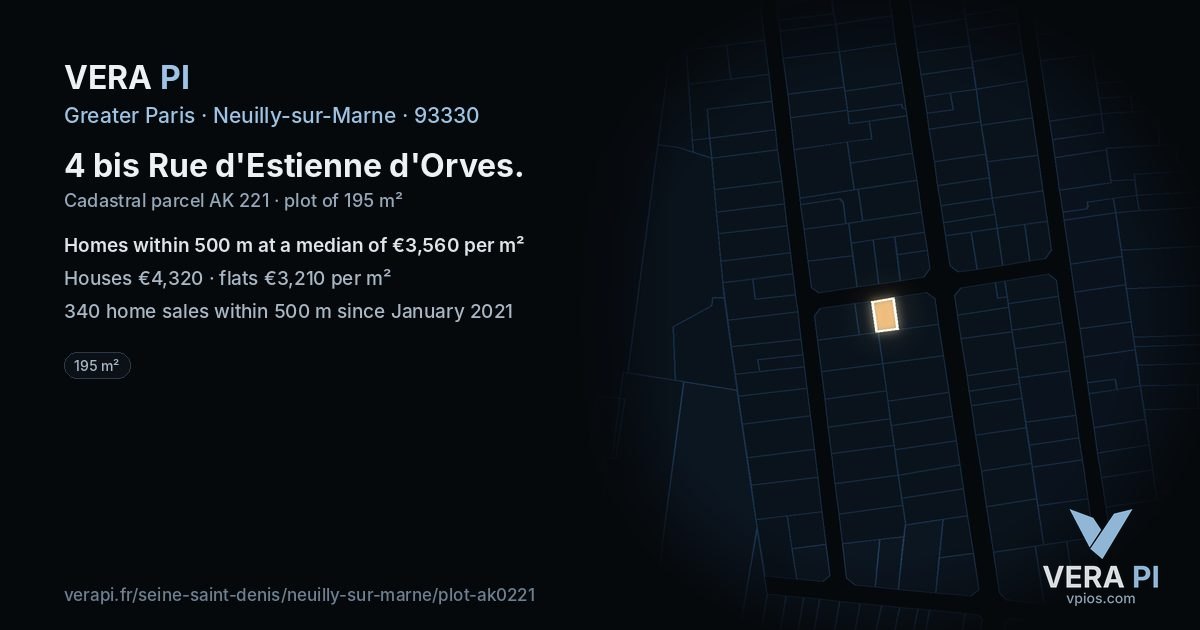 4 bis Rue d'Estienne d'Orves, Neuilly-sur-Marne at night – the plot lit, the parcels around coloured by the prices near them