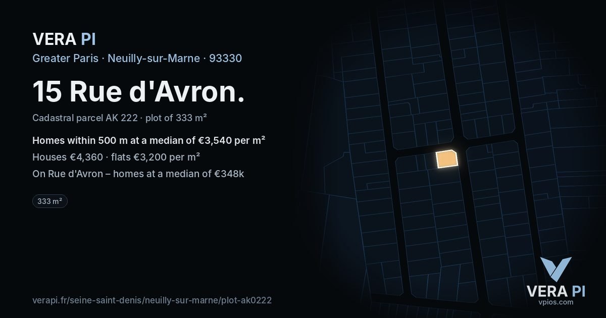 15 Rue d'Avron, Neuilly-sur-Marne at night – the plot lit, the parcels around coloured by the prices near them