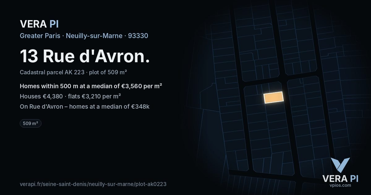 13 Rue d'Avron, Neuilly-sur-Marne at night – the plot lit, the parcels around coloured by the prices near them