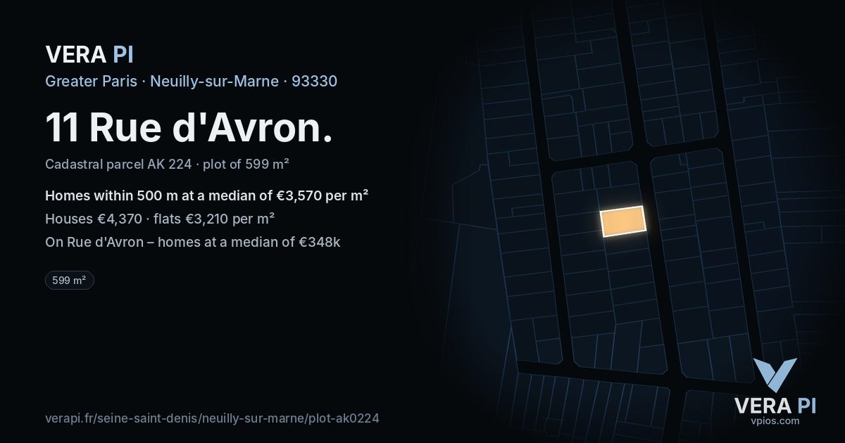 11 Rue d'Avron, Neuilly-sur-Marne at night – the plot lit, the parcels around coloured by the prices near them