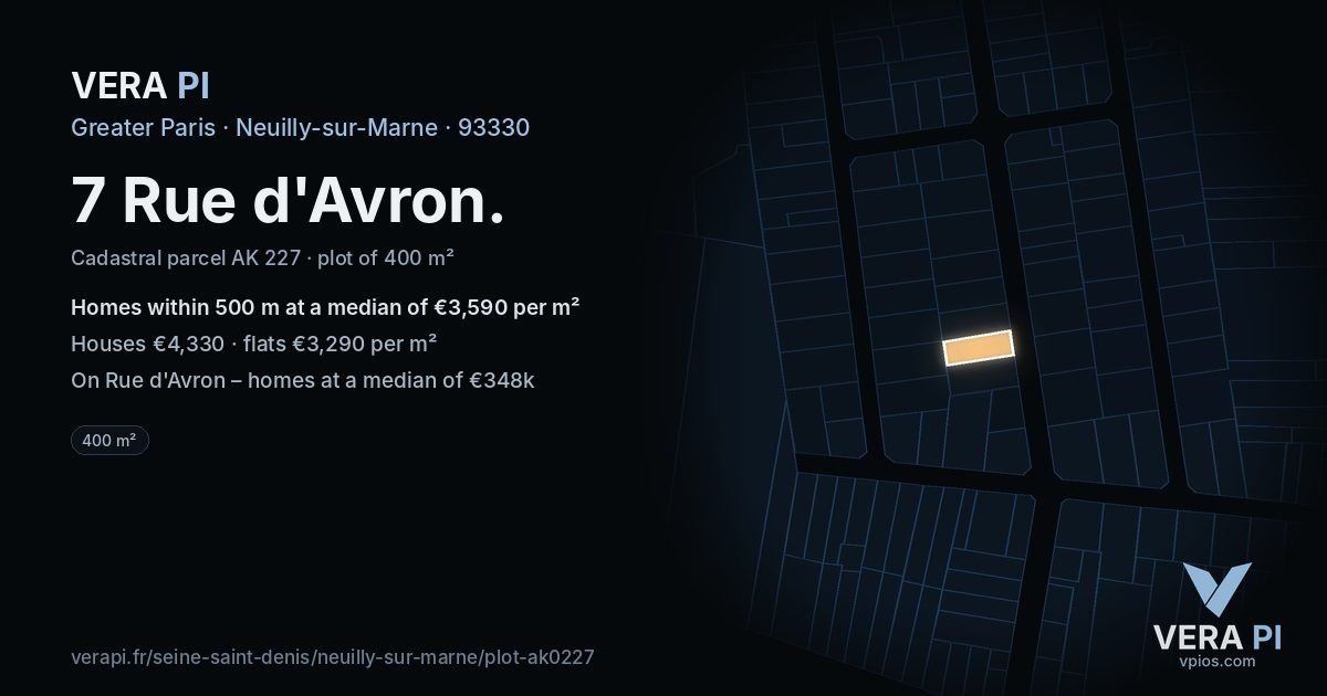 7 Rue d'Avron, Neuilly-sur-Marne at night – the plot lit, the parcels around coloured by the prices near them
