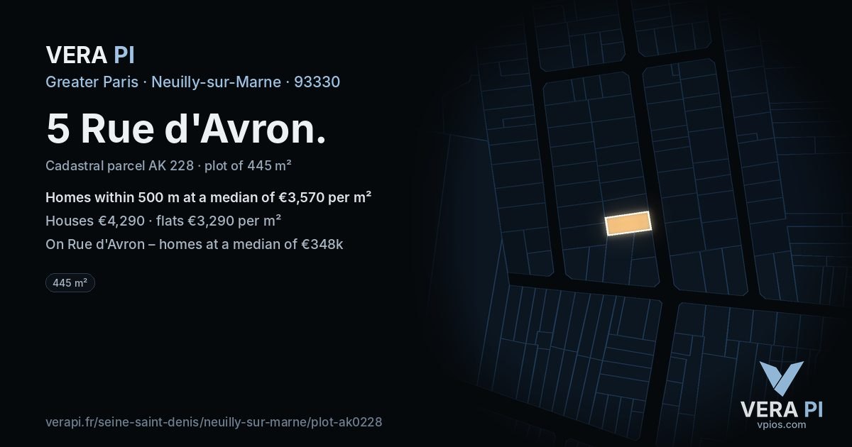 5 Rue d'Avron, Neuilly-sur-Marne at night – the plot lit, the parcels around coloured by the prices near them