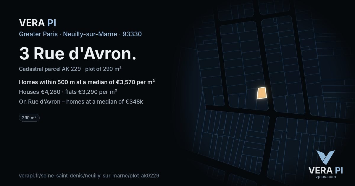 3 Rue d'Avron, Neuilly-sur-Marne at night – the plot lit, the parcels around coloured by the prices near them