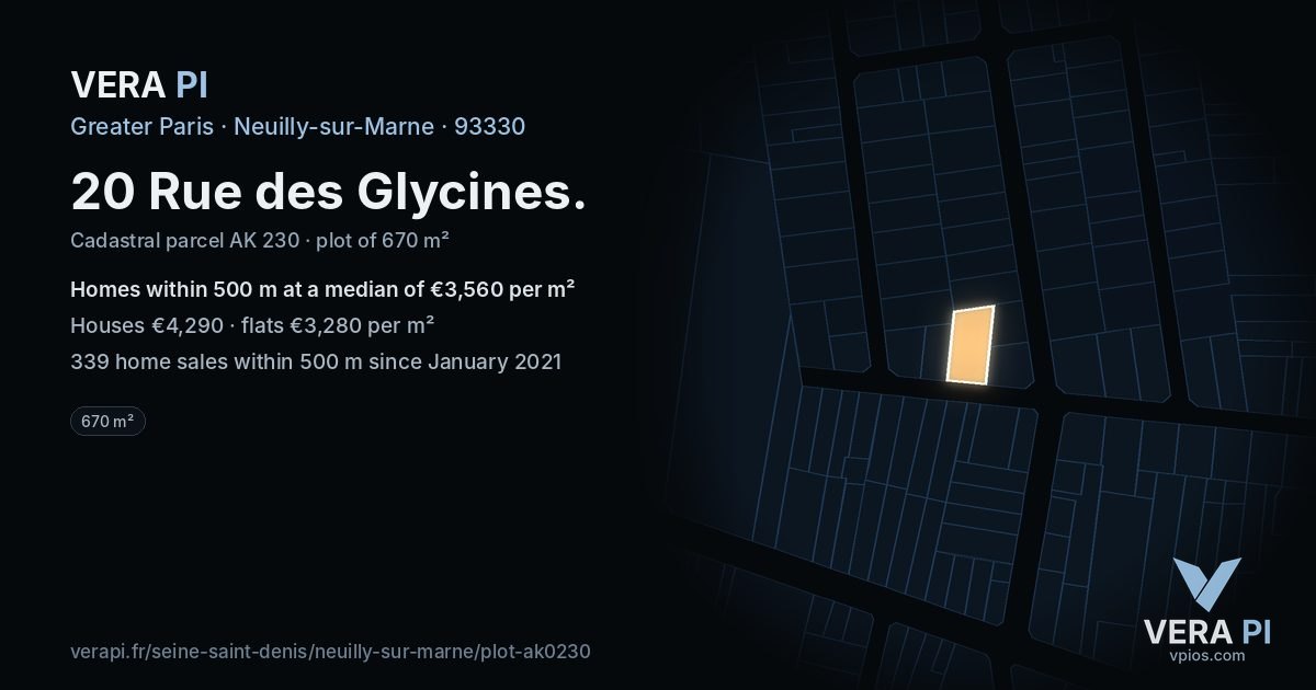 20 Rue des Glycines, Neuilly-sur-Marne at night – the plot lit, the parcels around coloured by the prices near them