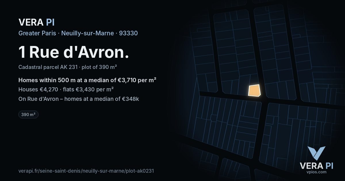 1 Rue d'Avron, Neuilly-sur-Marne at night – the plot lit, the parcels around coloured by the prices near them