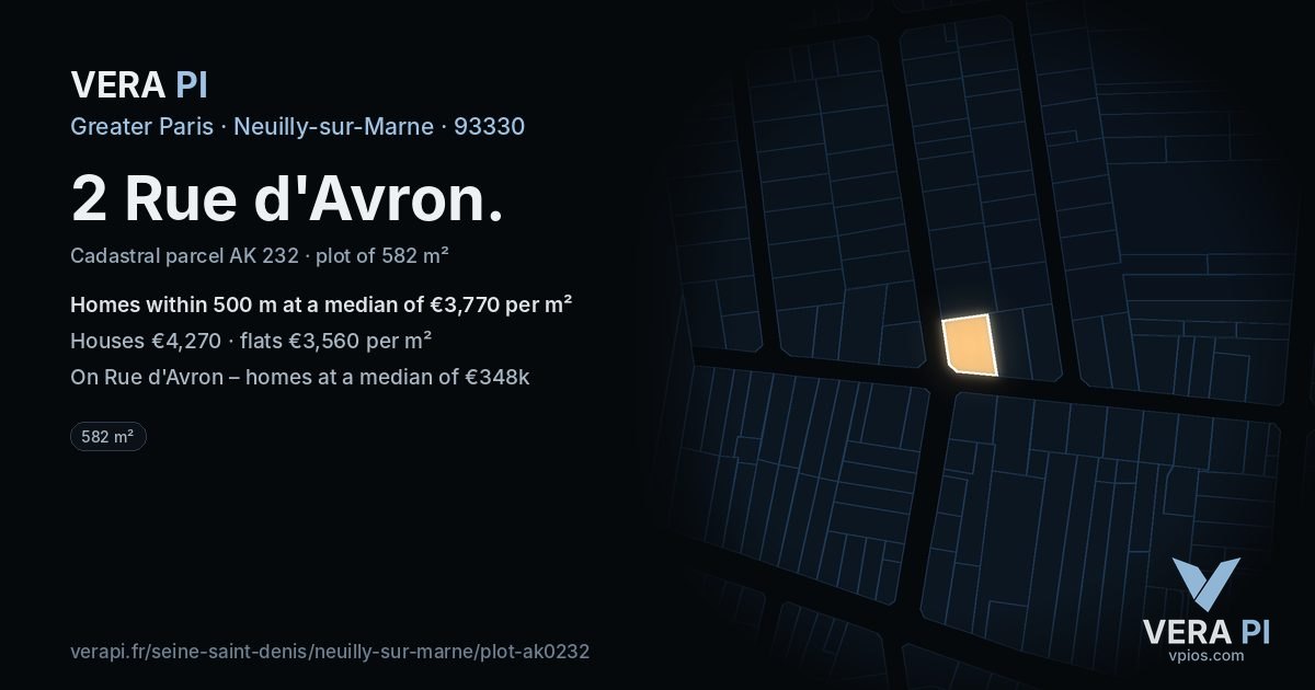 2 Rue d'Avron, Neuilly-sur-Marne at night – the plot lit, the parcels around coloured by the prices near them