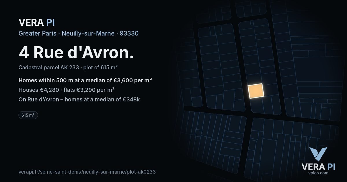 4 Rue d'Avron, Neuilly-sur-Marne at night – the plot lit, the parcels around coloured by the prices near them