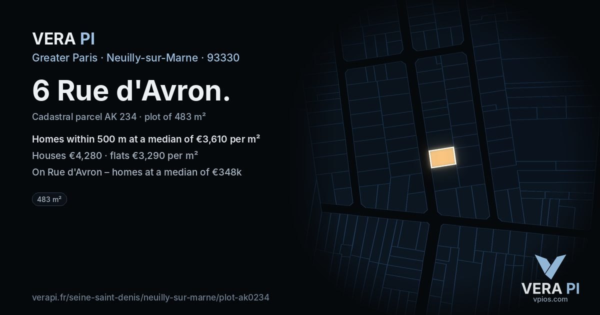 6 Rue d'Avron, Neuilly-sur-Marne at night – the plot lit, the parcels around coloured by the prices near them