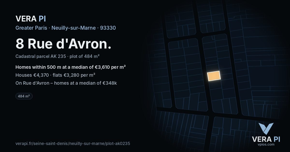 8 Rue d'Avron, Neuilly-sur-Marne at night – the plot lit, the parcels around coloured by the prices near them