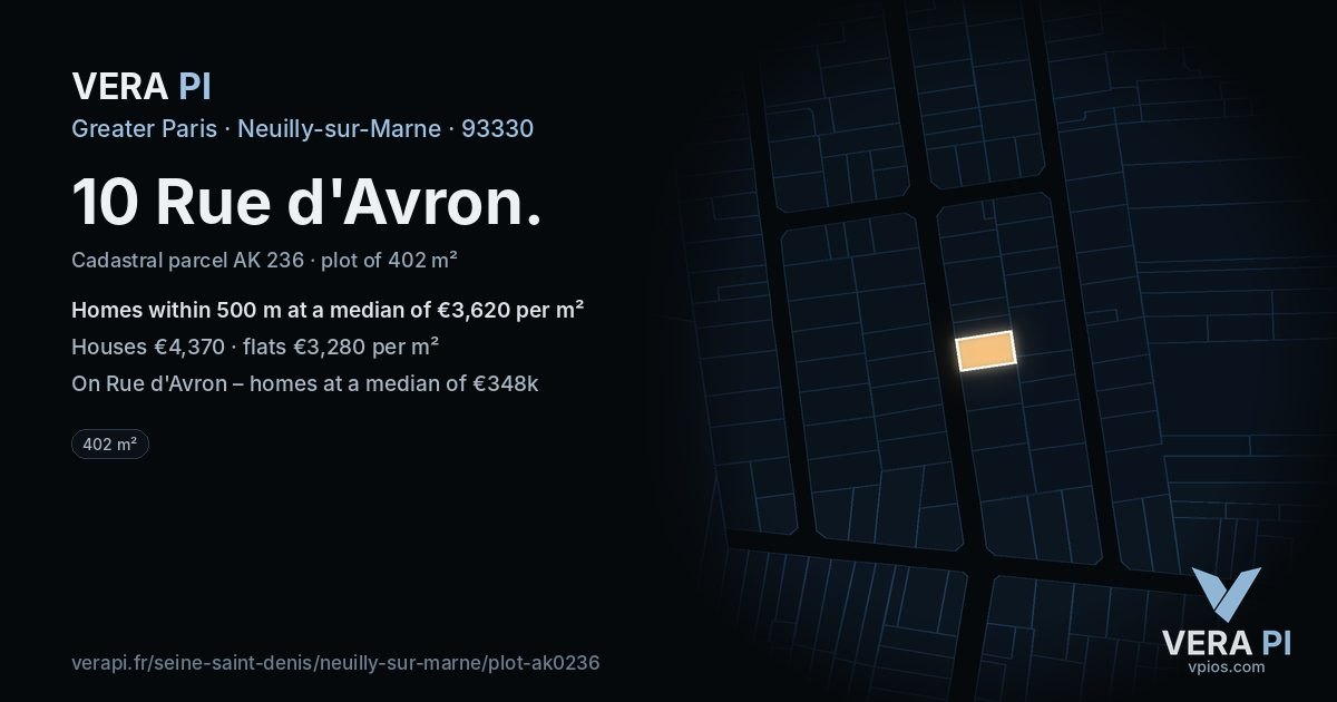 10 Rue d'Avron, Neuilly-sur-Marne at night – the plot lit, the parcels around coloured by the prices near them