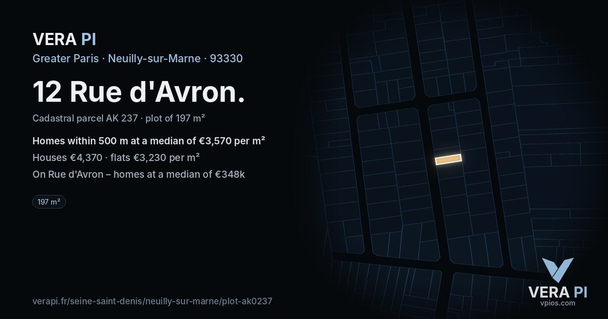 12 Rue d'Avron, Neuilly-sur-Marne at night – the plot lit, the parcels around coloured by the prices near them