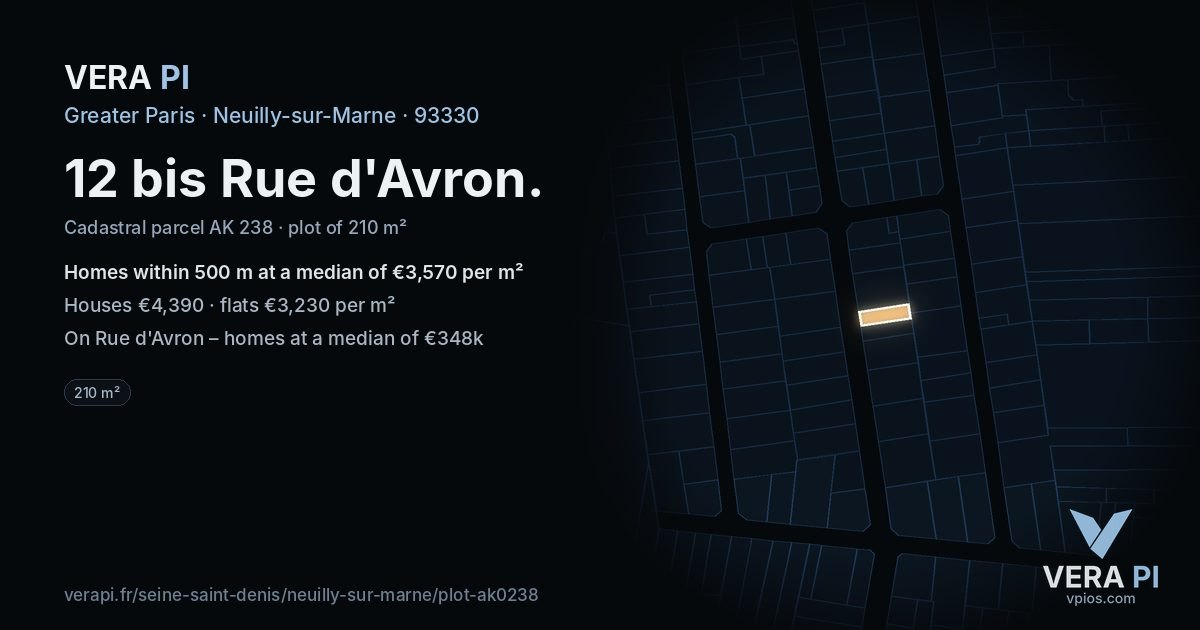 12 bis Rue d'Avron, Neuilly-sur-Marne at night – the plot lit, the parcels around coloured by the prices near them