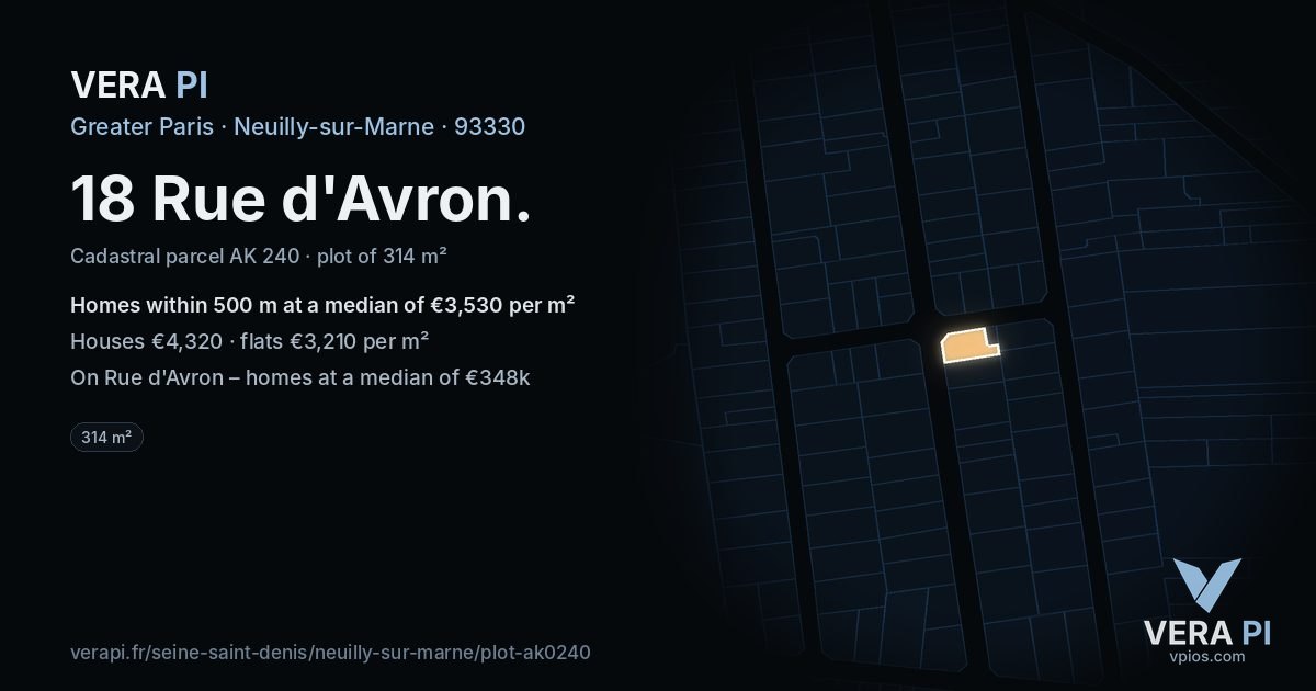 18 Rue d'Avron, Neuilly-sur-Marne at night – the plot lit, the parcels around coloured by the prices near them