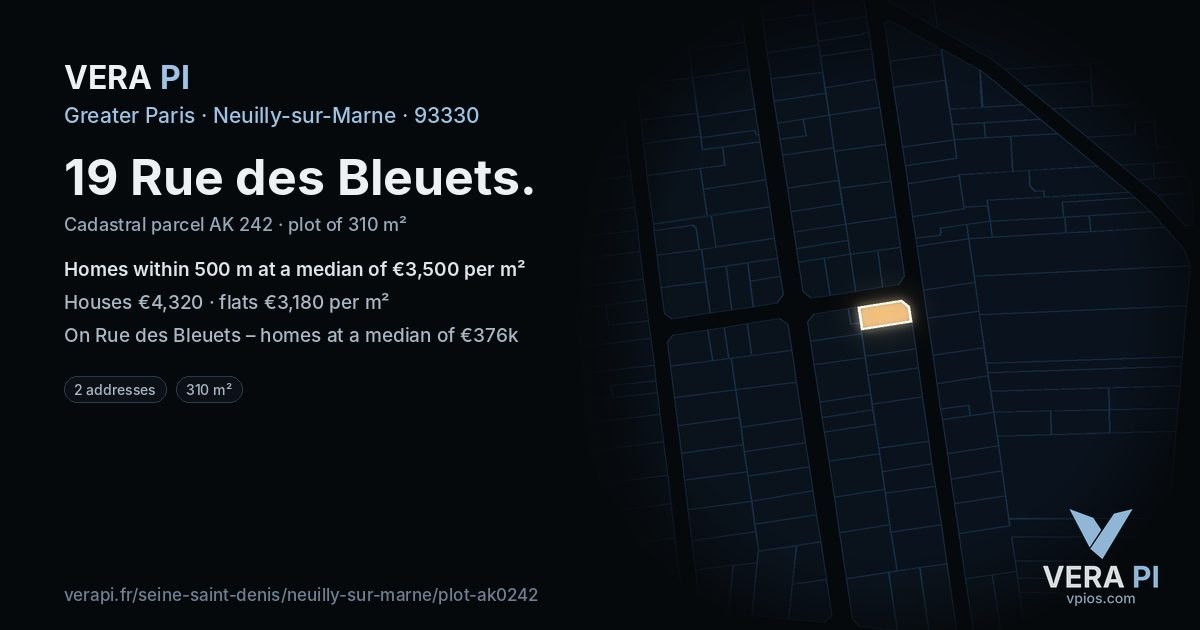 19 Rue des Bleuets, Neuilly-sur-Marne at night – the plot lit, the parcels around coloured by the prices near them