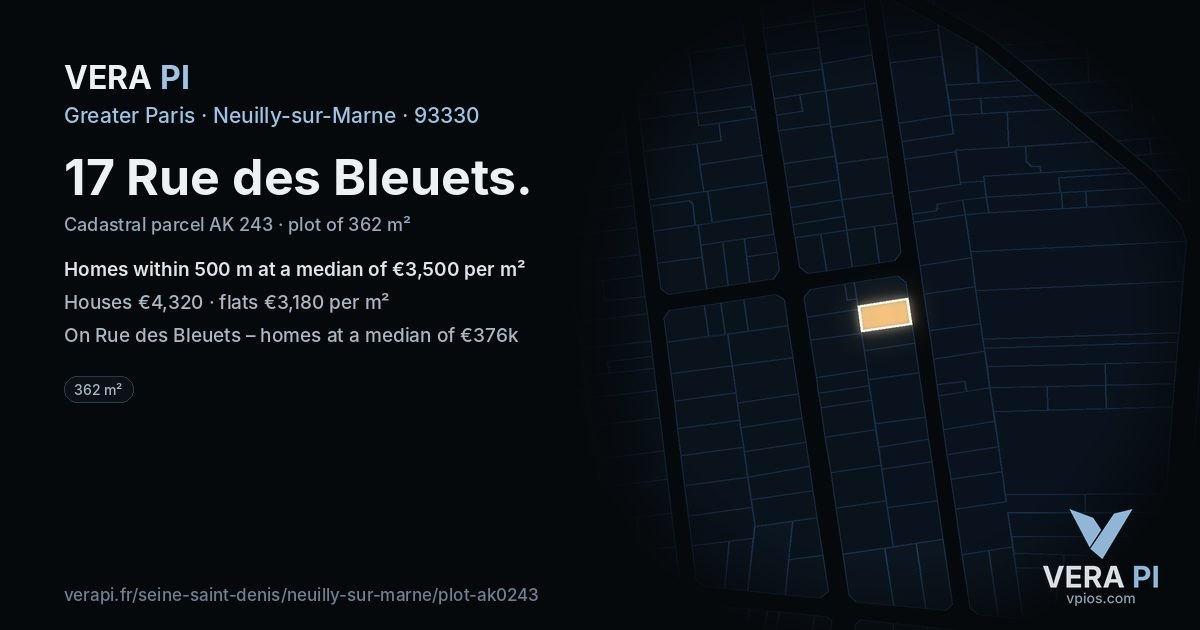17 Rue des Bleuets, Neuilly-sur-Marne at night – the plot lit, the parcels around coloured by the prices near them