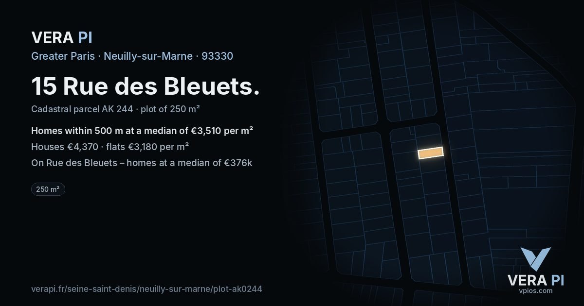 15 Rue des Bleuets, Neuilly-sur-Marne at night – the plot lit, the parcels around coloured by the prices near them
