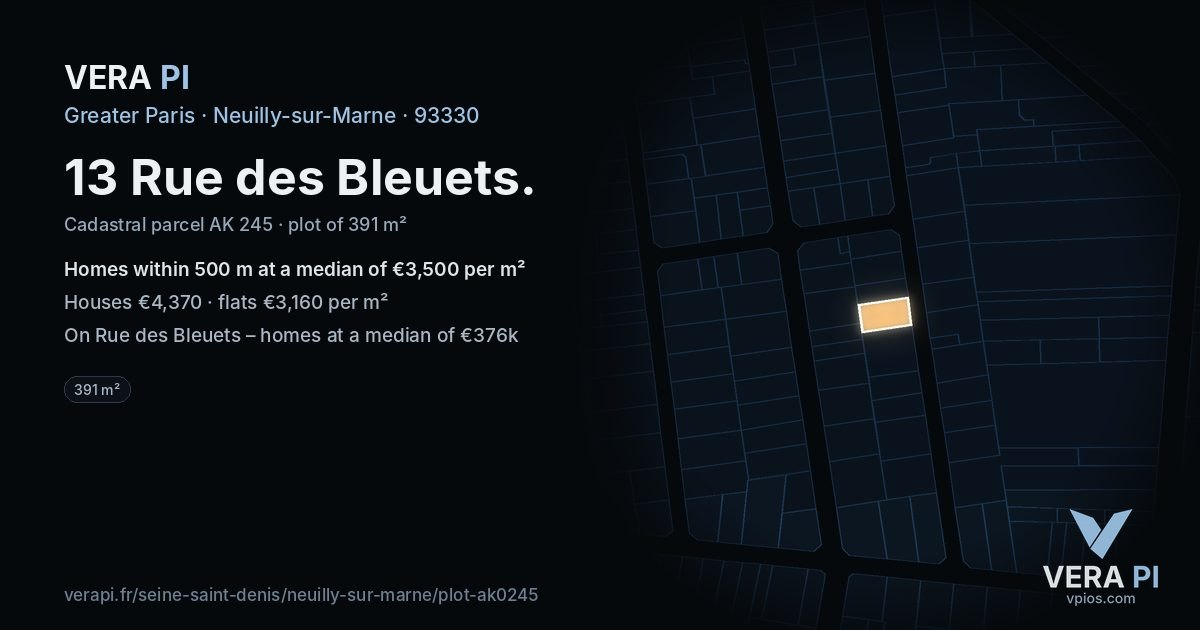 13 Rue des Bleuets, Neuilly-sur-Marne at night – the plot lit, the parcels around coloured by the prices near them