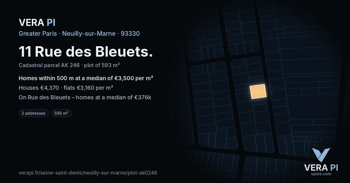 11 Rue des Bleuets, Neuilly-sur-Marne at night – the plot lit, the parcels around coloured by the prices near them