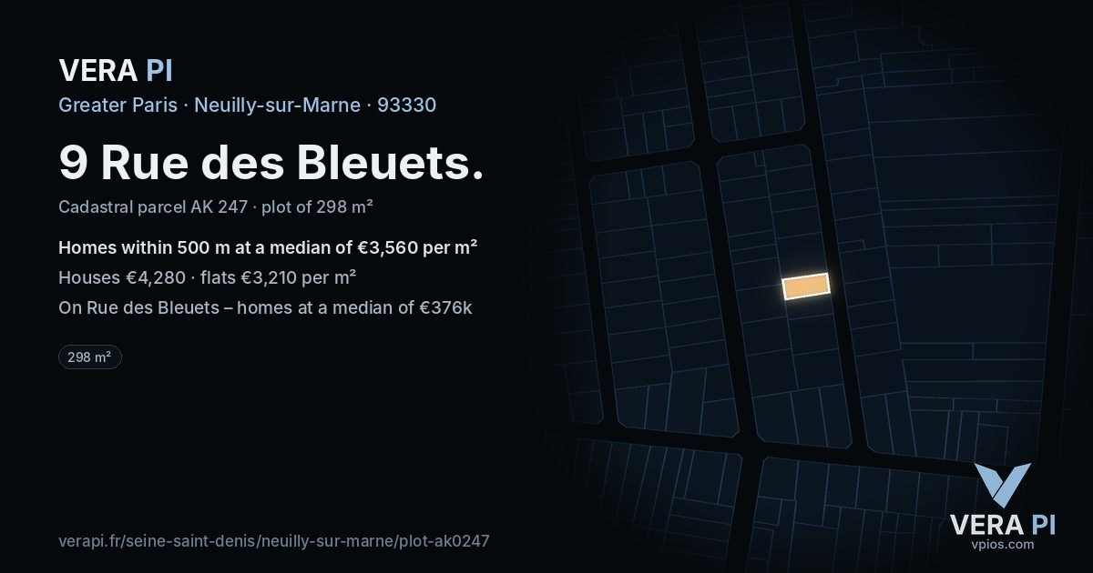 9 Rue des Bleuets, Neuilly-sur-Marne at night – the plot lit, the parcels around coloured by the prices near them