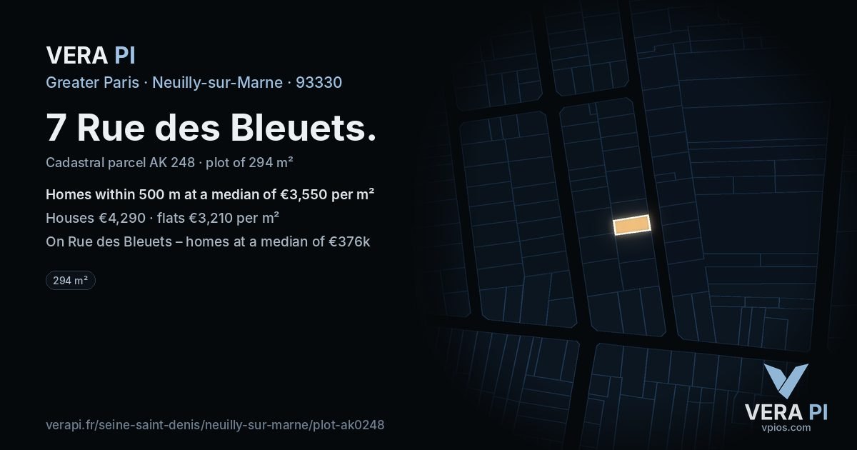 7 Rue des Bleuets, Neuilly-sur-Marne at night – the plot lit, the parcels around coloured by the prices near them