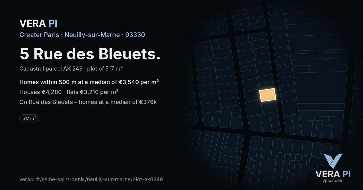 5 Rue des Bleuets, Neuilly-sur-Marne at night – the plot lit, the parcels around coloured by the prices near them