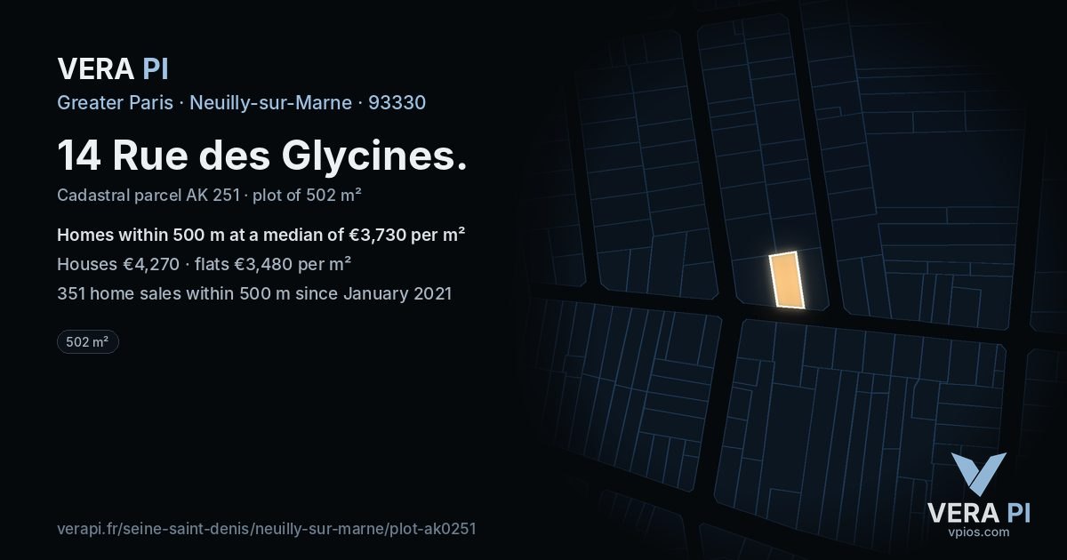 14 Rue des Glycines, Neuilly-sur-Marne at night – the plot lit, the parcels around coloured by the prices near them