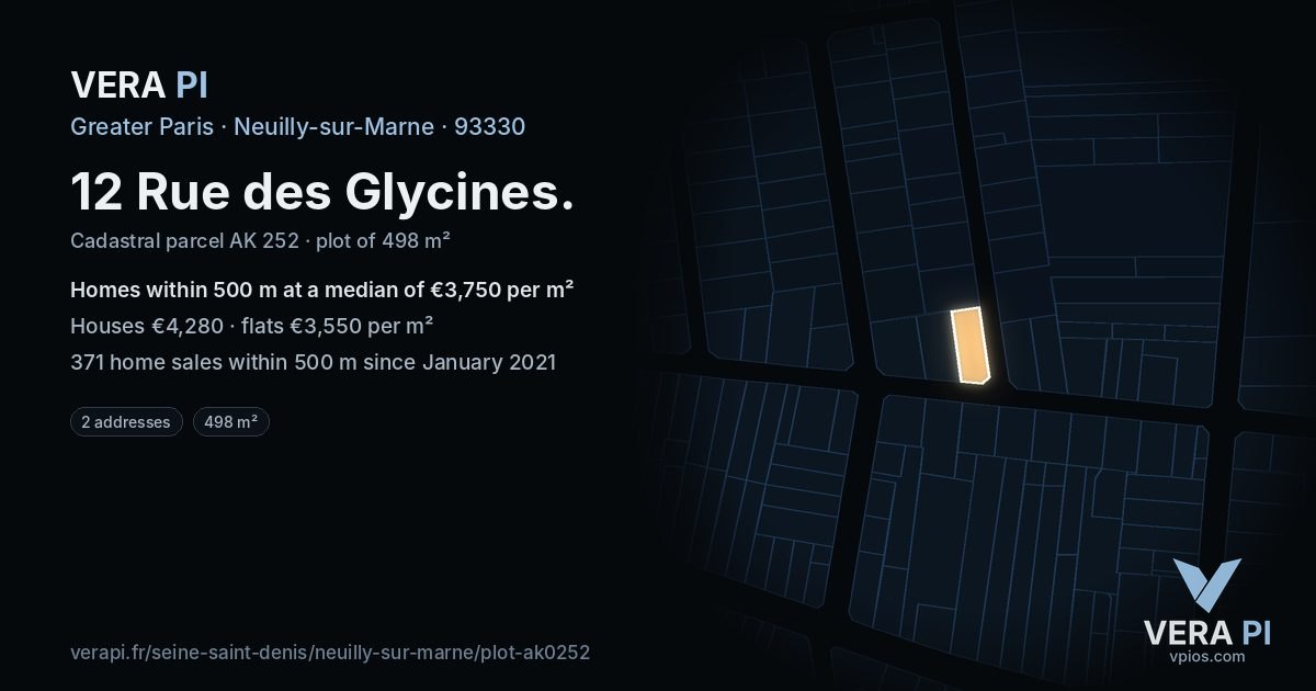12 Rue des Glycines, Neuilly-sur-Marne at night – the plot lit, the parcels around coloured by the prices near them