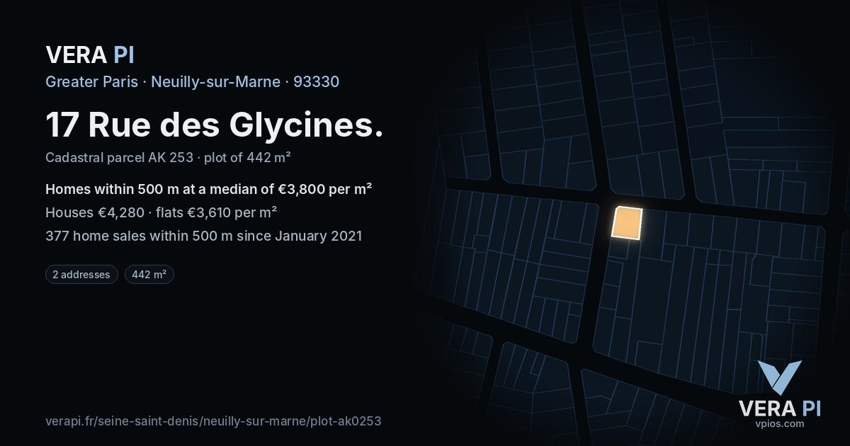 17 Rue des Glycines, Neuilly-sur-Marne at night – the plot lit, the parcels around coloured by the prices near them