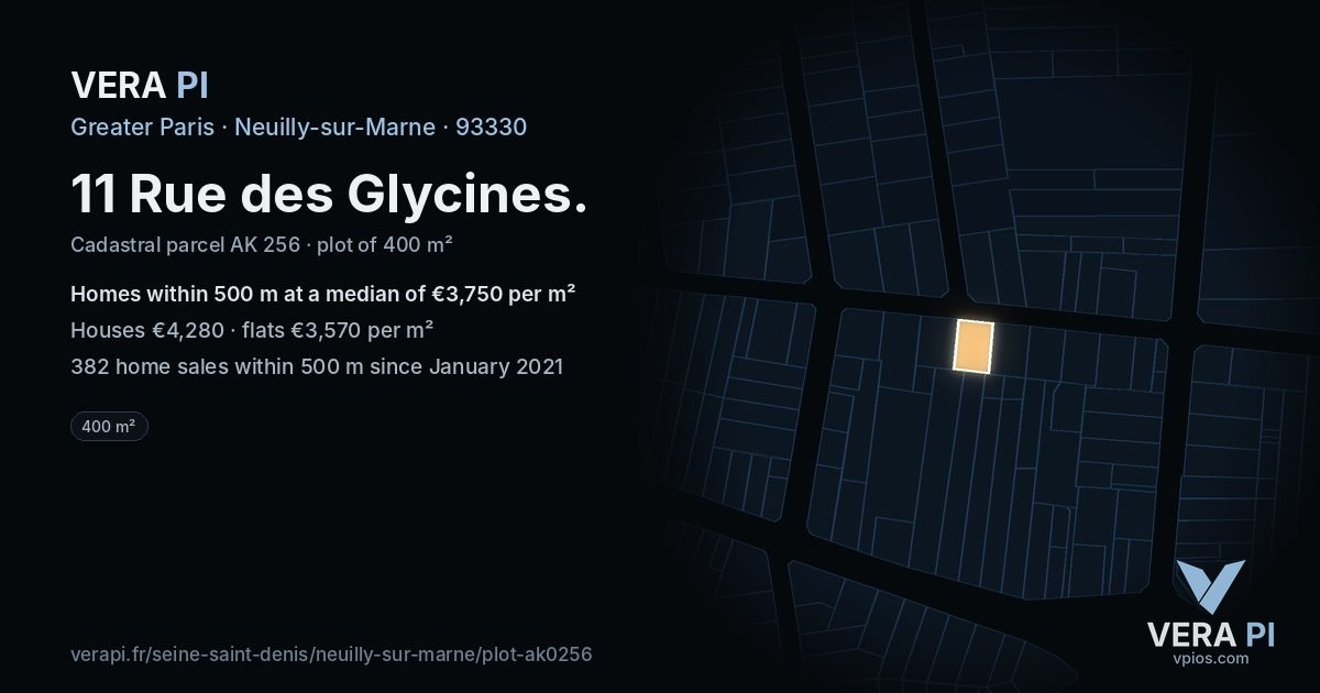 11 Rue des Glycines, Neuilly-sur-Marne at night – the plot lit, the parcels around coloured by the prices near them