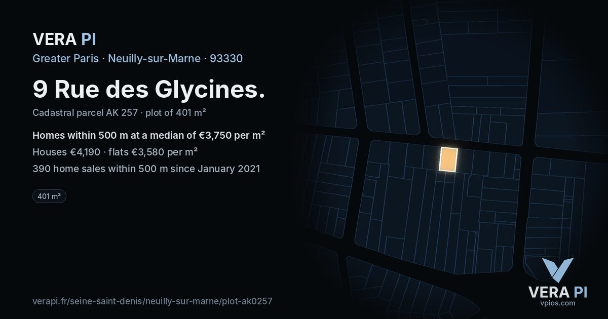 9 Rue des Glycines, Neuilly-sur-Marne at night – the plot lit, the parcels around coloured by the prices near them
