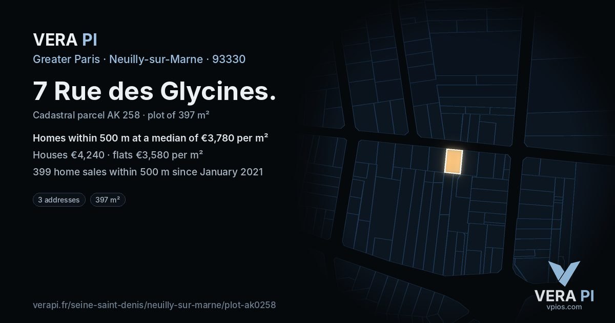 7 Rue des Glycines, Neuilly-sur-Marne at night – the plot lit, the parcels around coloured by the prices near them