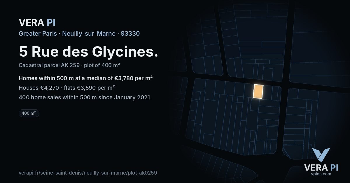 5 Rue des Glycines, Neuilly-sur-Marne at night – the plot lit, the parcels around coloured by the prices near them