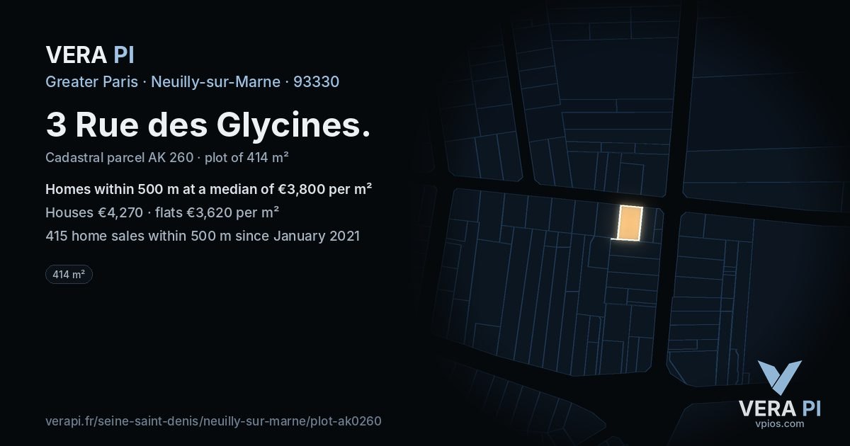 3 Rue des Glycines, Neuilly-sur-Marne at night – the plot lit, the parcels around coloured by the prices near them