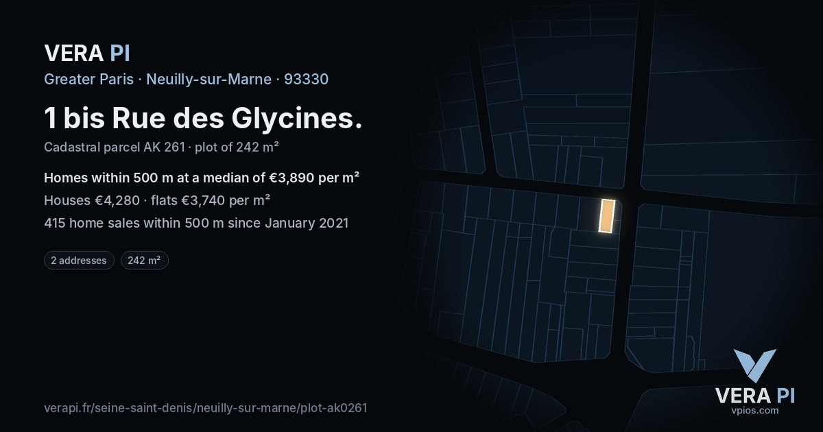 1 bis Rue des Glycines, Neuilly-sur-Marne at night – the plot lit, the parcels around coloured by the prices near them