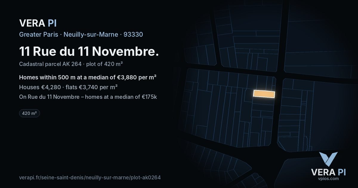 11 Rue du 11 Novembre, Neuilly-sur-Marne at night – the plot lit, the parcels around coloured by the prices near them