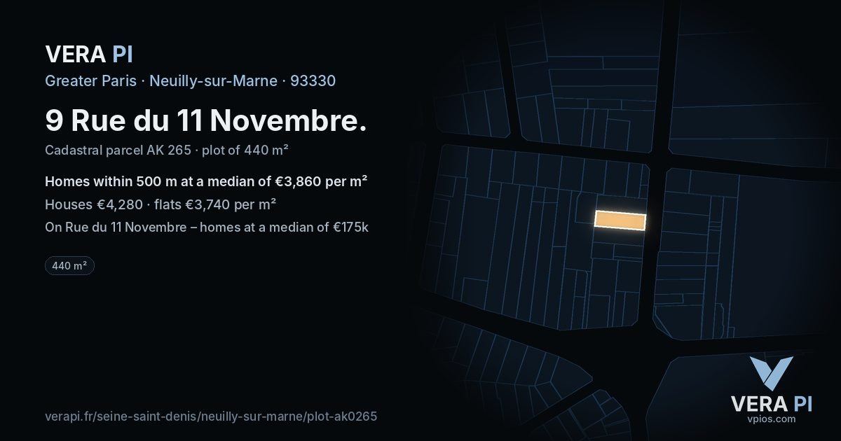 9 Rue du 11 Novembre, Neuilly-sur-Marne at night – the plot lit, the parcels around coloured by the prices near them
