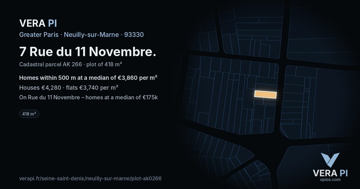 7 Rue du 11 Novembre, Neuilly-sur-Marne at night – the plot lit, the parcels around coloured by the prices near them