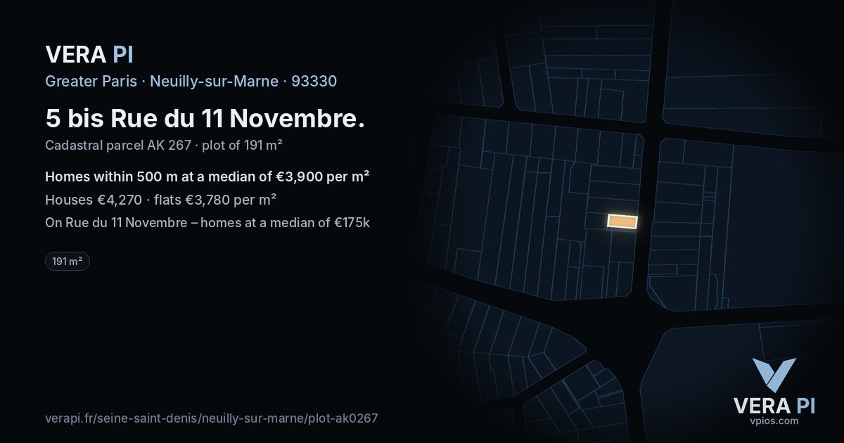 5 bis Rue du 11 Novembre, Neuilly-sur-Marne at night – the plot lit, the parcels around coloured by the prices near them