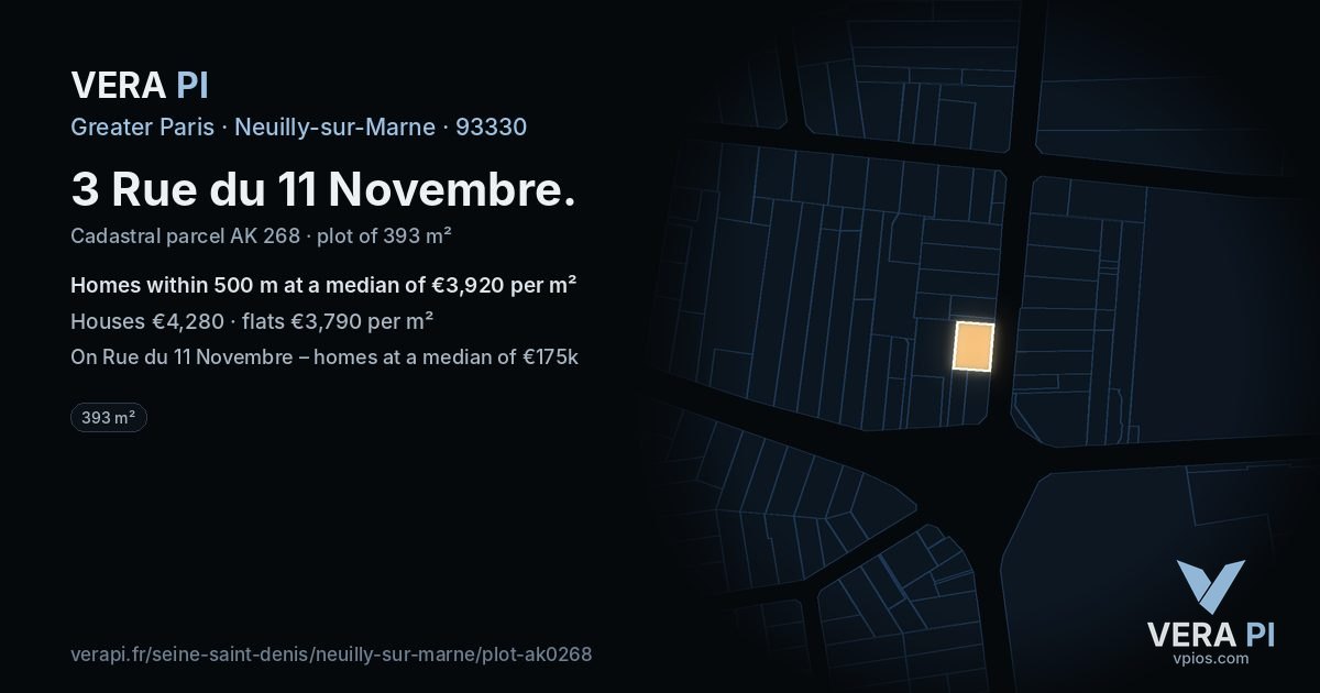 3 Rue du 11 Novembre, Neuilly-sur-Marne at night – the plot lit, the parcels around coloured by the prices near them