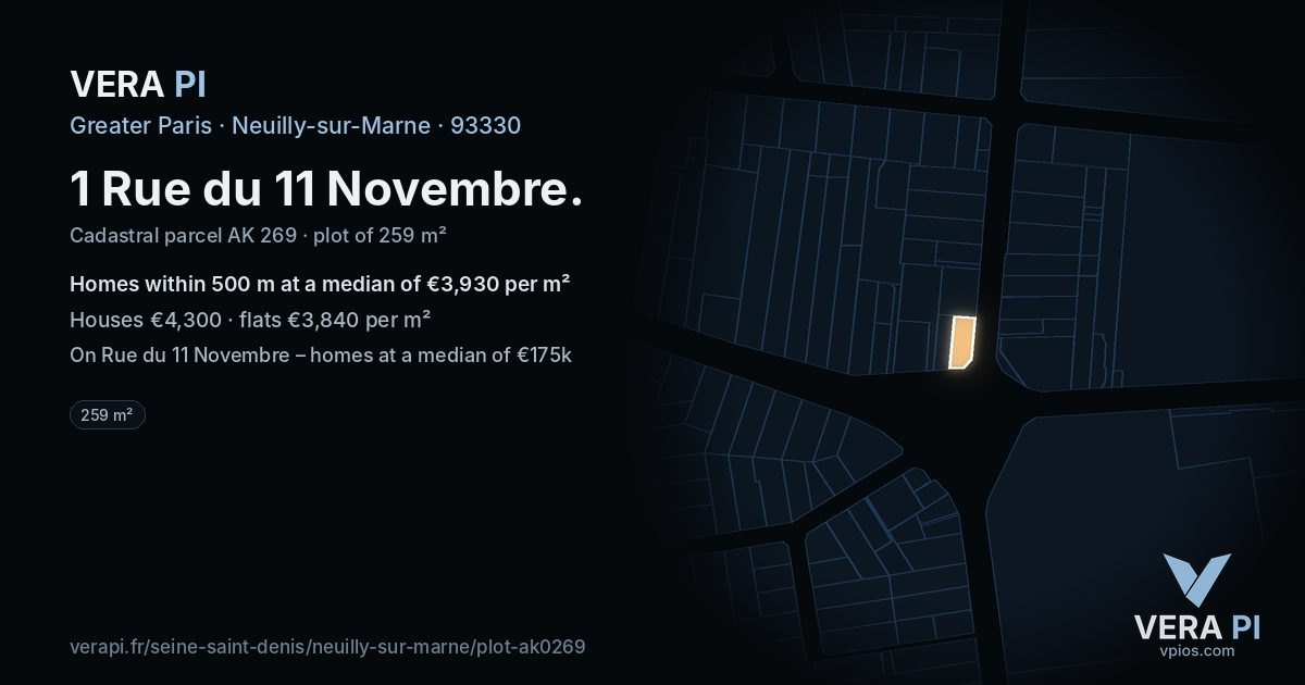 1 Rue du 11 Novembre, Neuilly-sur-Marne at night – the plot lit, the parcels around coloured by the prices near them