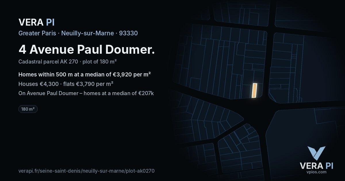 4 Avenue Paul Doumer, Neuilly-sur-Marne at night – the plot lit, the parcels around coloured by the prices near them